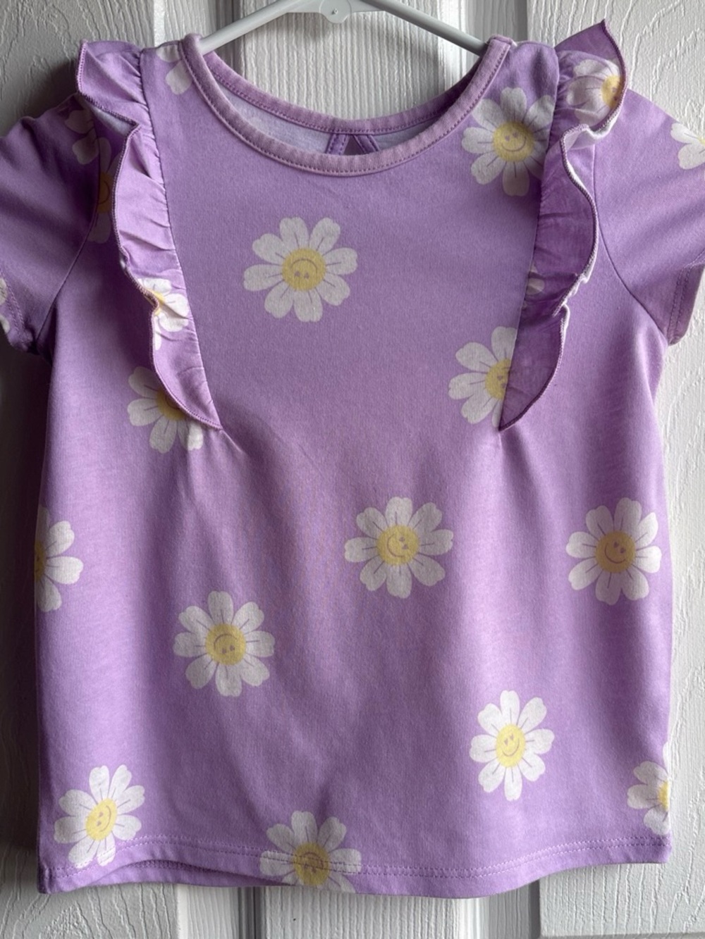 🌼Garanimals Girls 5T Purple Floral Smiley Face Ruffle Sleeve Keyhole Back Tee